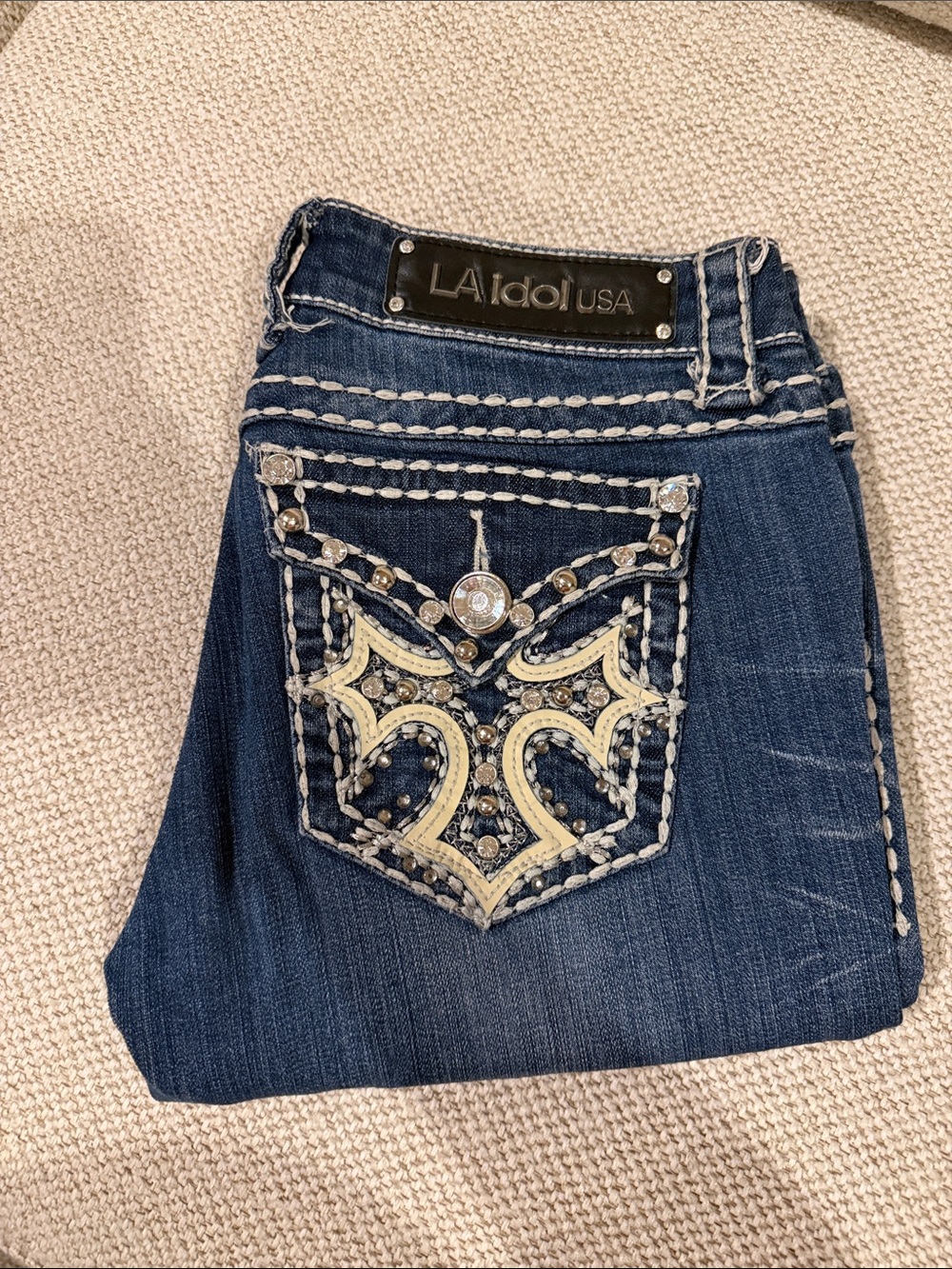 L.A. idol Women's Dark Blue Boot Cut Jeans with Embellished Pocket